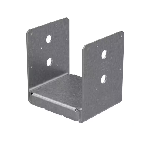 The Simpson Strong-Tie ABU ZMAX Galvanized Adjustable Standoff Post Base for 6x6 Lumber is a U-shaped metal bracket with multiple circular mounting holes on each side, designed for optimal uplift performance and corrosion resistance, set against a white background.